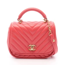 CHANEL Chevron V-Stitch Chain Shoulder Bag Lambskin Coral Pink Gold #RC1128