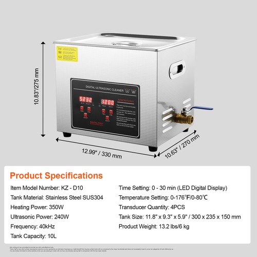 SDKEHUI 10L Commercial Ultrasonic Cleaner – Digital Timer & Heating 110V 40kHz