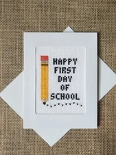 Completed Finished Cross Stitch Happy First Day of School Pencil Blank Note Card