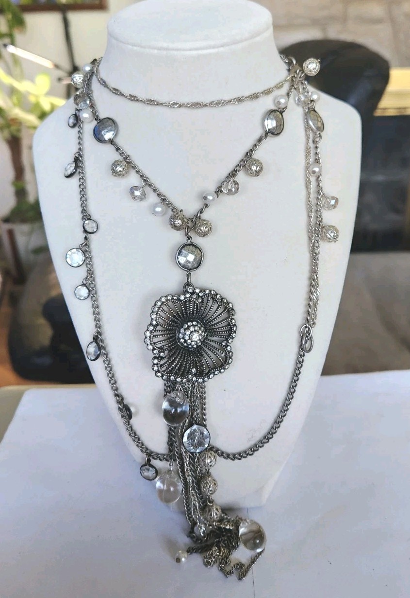 Express Statement Necklace Silver Tone Multi Stra… - image 2