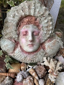 Original Vintage Concrete Garden Wall Plaque – Female Face with Shell Border