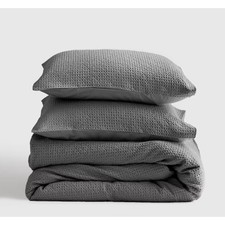 NEW QUINCE FULL QUEEN Organic Luxe Honeycomb Duvet Cover  Shams Set GRAY