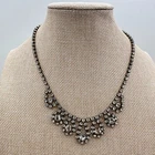 Vintage 80s Silver Tone Clear Glass Statement Necklace Art Deco Fashion Jewelry