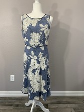 Adrianna Papell Size 8 Blue Floral Linen Blend Fit & Flare Midi Lined Dress