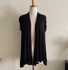 AB Studio M Open Cardigan Black Stretch Rayon Ruched Short Sleeves Waterfall EUC