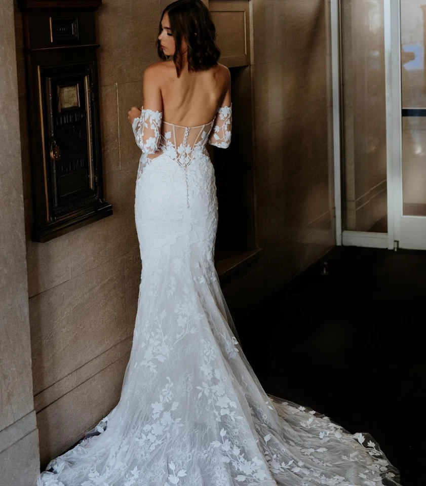 Königes Fit Flare Spitze Brautkleid Hochzeitskleid m.abnehmenbare Ärmel Knöpfe - Bild 4 von 4