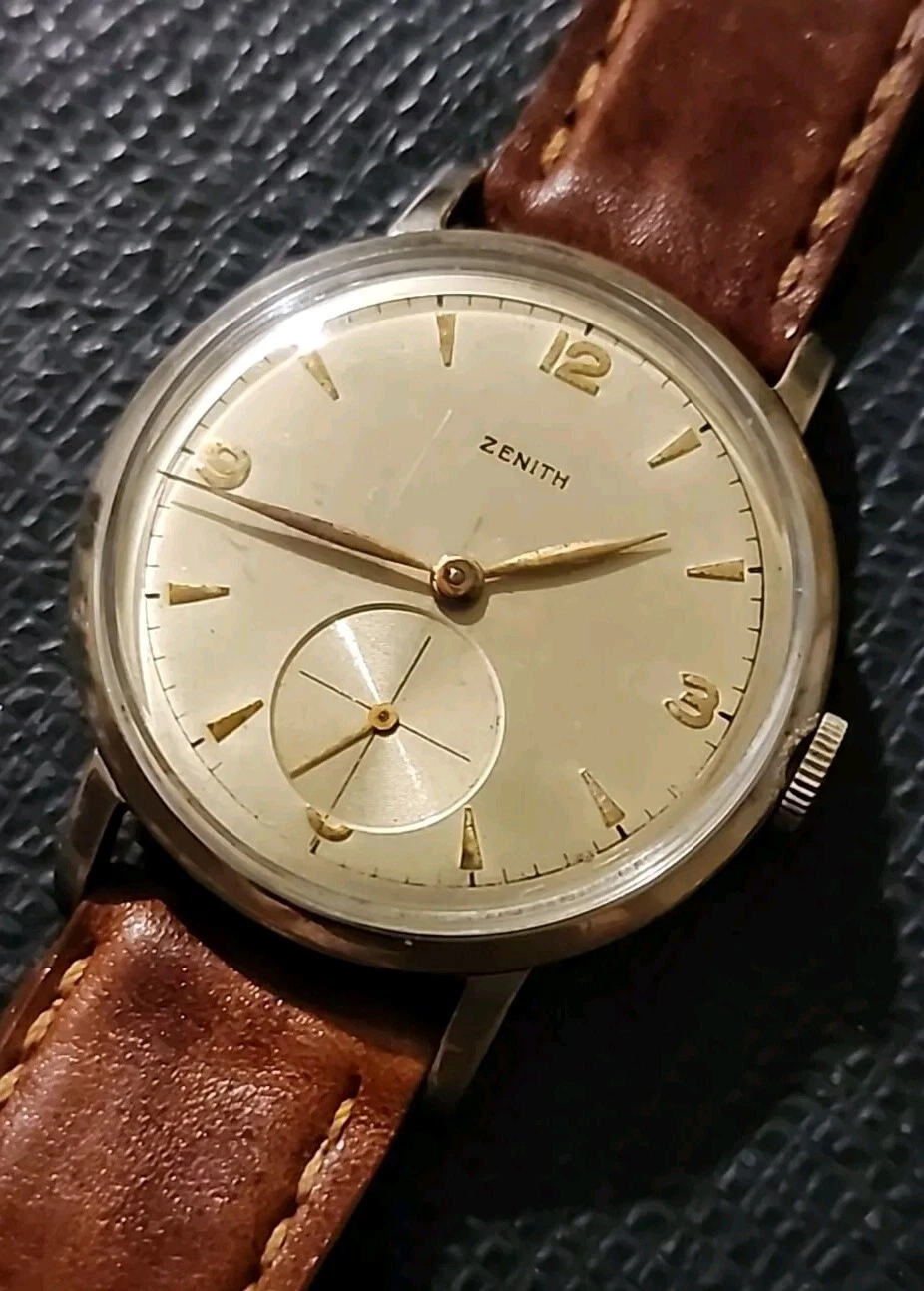 Quadrante vintage Zenith Champagne Pie Pan con quadrante Big Sub Sec e cinturino cognac nuovo.