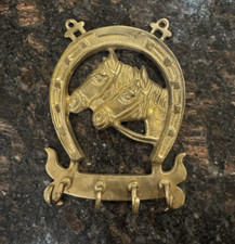Vintage Equine Brass Horse Horseshoe Wall Plaque 4-Key Holder Hanger