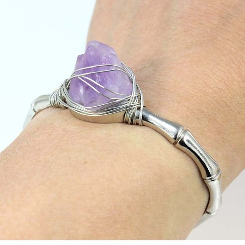 Natural Stone Bangle Cuff Copper Bracelet Wire Wrap Irregular Crystal Quartz - Picture 2 of 10