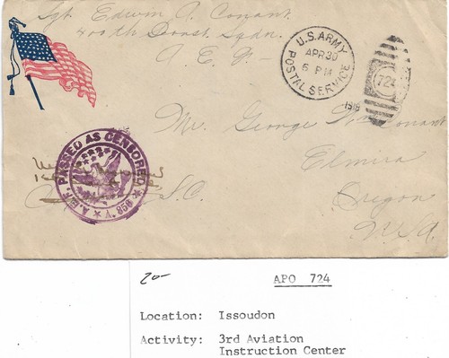 APO 724, 3rd Aviation Inst Center, Issoudon, France to Elmira, Or 1919 (M6928) - 第 1/2 張圖片