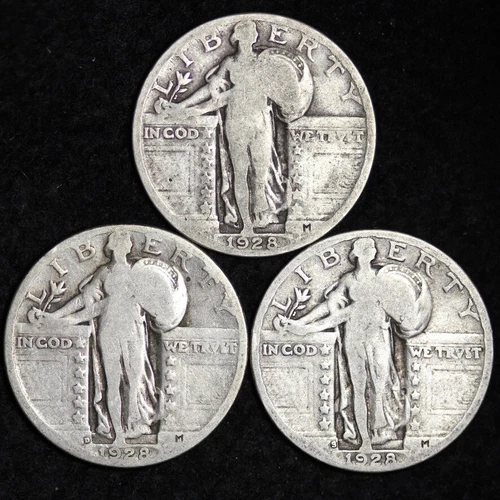1928-PDS (3 pc Set) Standing Liberty Quarter Silver GOOD / VG FULL DATE FREE P/H