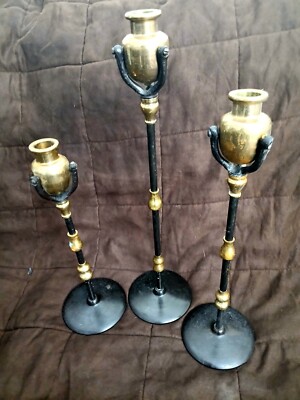 VTG 1961 THAILAN Brass Candlestick Candle Holders Fine Decor SET OF 3, 1 Off