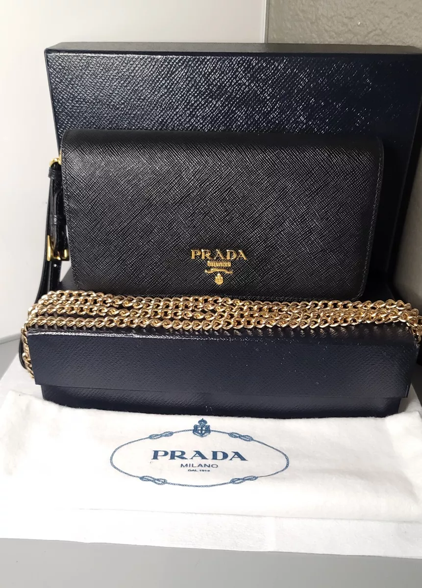 PRADA Saffiano Leather Wallet on Chain Clutch Crossbody Bag Black