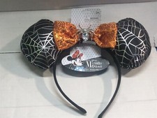NEW DISNEY MINNIE MOUSE HALLOWEEN EARS SPIDER WEB ORANGE BOW DIAMOND SPIDER