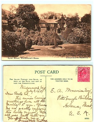 S03-9399, RYDAL MOUNT, WORDSWORTH'S HOME, UK 1911 POSTMARKED, POSTCARD
