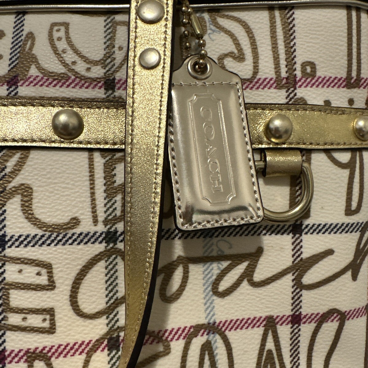 Coach Purse Heritage Tattersall Graffiti F13188 Gold Tote Bag