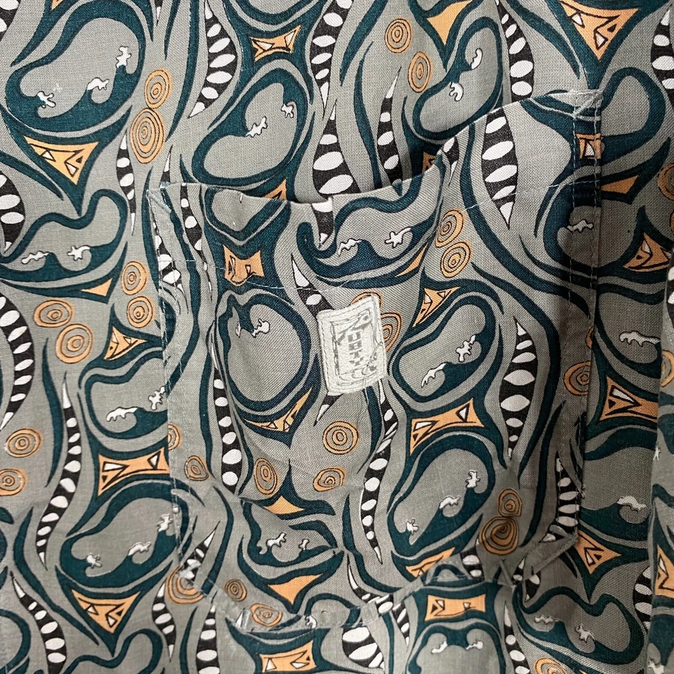 Vintage Rusty Shirt Mens Large Gray Rayon Button Up Hawaiian Abstract Beach Surf - Image 3 of 4