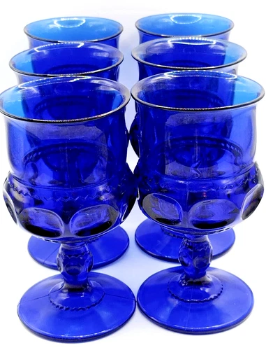 7 Vintage Indiana Glass King’s Crown Thumbprint Goblets in Cobalt Blue (6 shown)