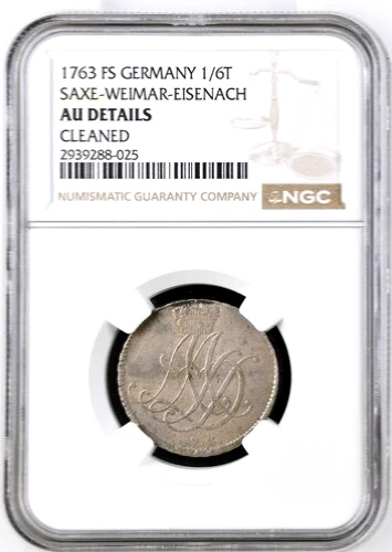 1763 FS German States Saxe-Weimar-Eisenach 1/6 Thaler, NGC AU, KM-122, Germany