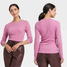 Small - Womens Slim Fit Long Sleeve Ribbed T-Shirt - A New Day - Mauve