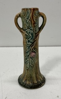 Arts & Crafts Ceramic Art Pottery Bud Vase Handled Leaf Berry Motif Vintage