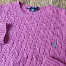 Ralph Lauren Sport Pink Cable-Knit Lambs Wool Crewneck Polo Green Pony Sweater