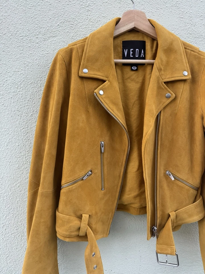 Chaqueta de Gamuza Veda Cabra Moto Motociclista Amarillo Mostaza Cremallera Asimétrica Cinturón Mujer M Foto 3 de 4
