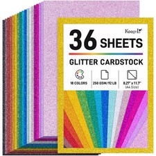 Koogel 36 Sheets Glitter Cardstock, 8.27" x 11.7" A4 Size 18 Medium, Multi