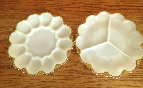Vintage Anchor Hocking Milk Glass Deviled Egg & Relish Plate Gold Trim 10” VTG
