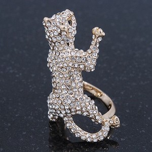 Authentic Gold Plated Sculptured Diamante 'Cat' Statement Ring - Size 8 - 4cm Length