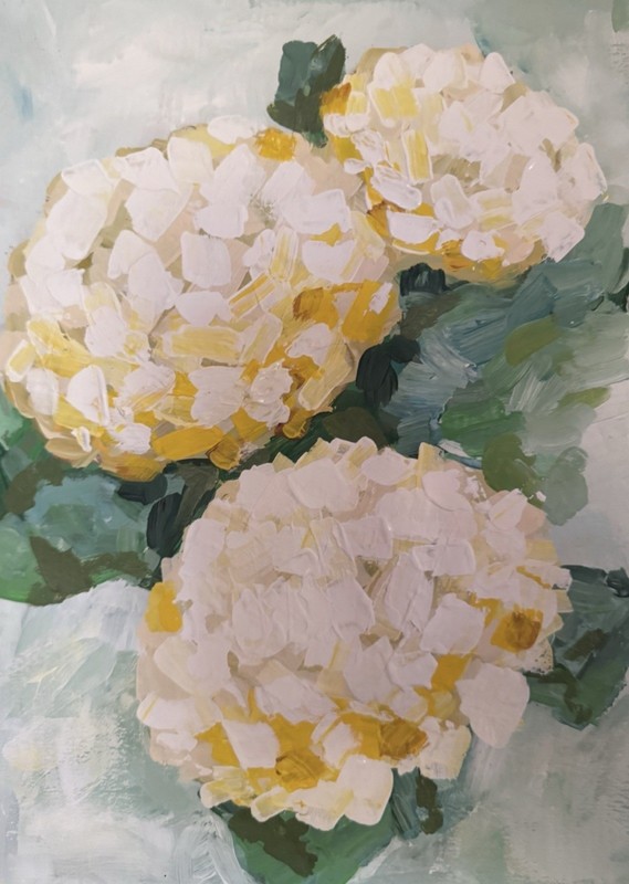 Hand painted Framed Matted Floral hydrangea Artwork White Green Yellow  Vertical