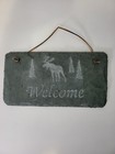 WELCOME Sign Hanging Gray Slate Etched Trees Moose Cabin RUSTIC COTTAGE LAKE