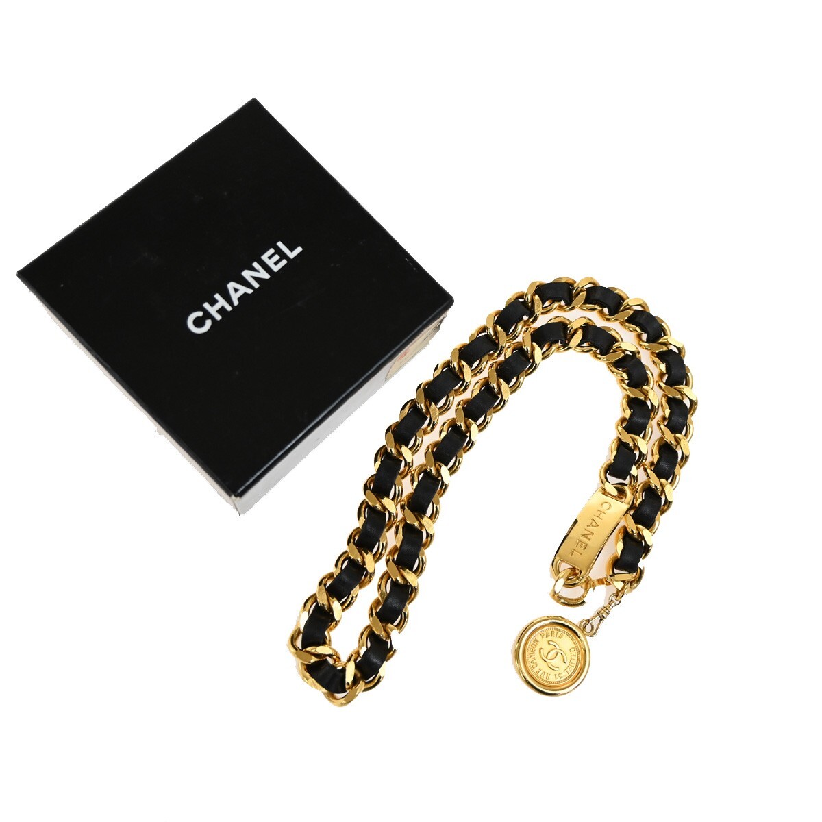 CHANEL CC Plate Medallion Charm Chain Belt Leather Black GHW
