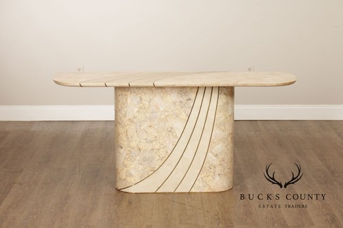 Hollywood Regency Tessellated Stone Brass Inlaid Console Table - Picture 9 of 14