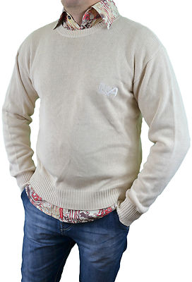 Armani Herren Vintage 80er Elfenbein Strick Dünn Front Logo Klassisch Pullover Sweater Gr. S/M L67