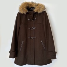 NEW Cole Haan Women Size 8 M Brown Loden Wool Hooded Pea Coat Faux Fur Jacket