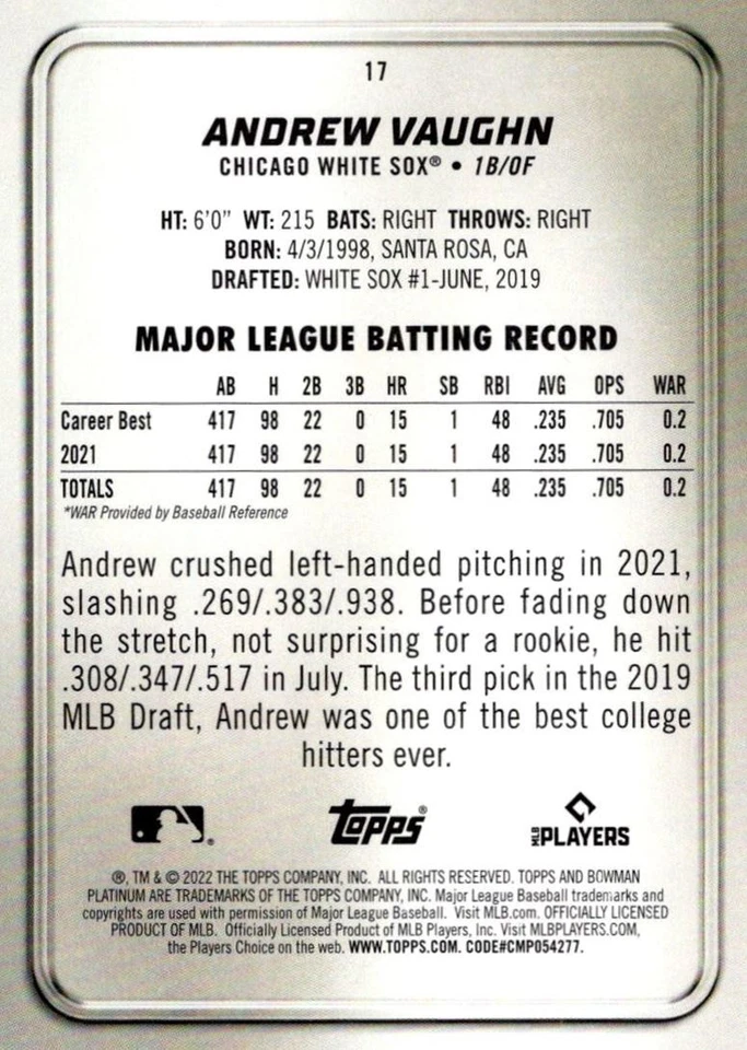 2022 Bowman Platinum Andrew Vaughn Chicago White Sox #17 - Image 2 of 2