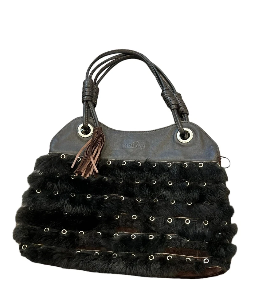 HOGAN BY TOD'S ITALY BROWN LEATHER SUEDE FUR GROMMET SHOULDER TOTE BAG HANDBAG - Image 2 of 4