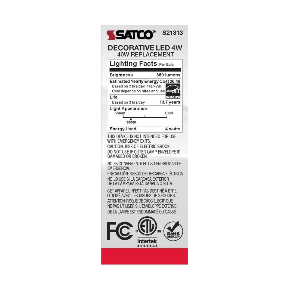 Satco S21313 - 4 Watt LED CA10 Decorative Light bulbs- 3000K - 6 Pack - Image 4 of 4