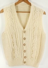 Vtg Hand Knitted Fisherman Cardigan Sweater Vest Women's M/L Cream Grandmacore