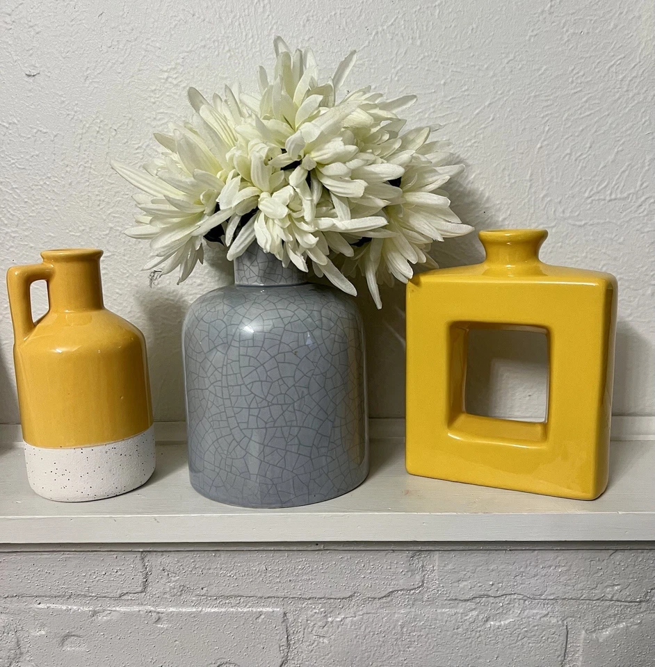 Juego de 2 jarrones cuadrados de cerámica amarilla rústica decoración del hogar minimalista nórdico boho Foto 2 de 4