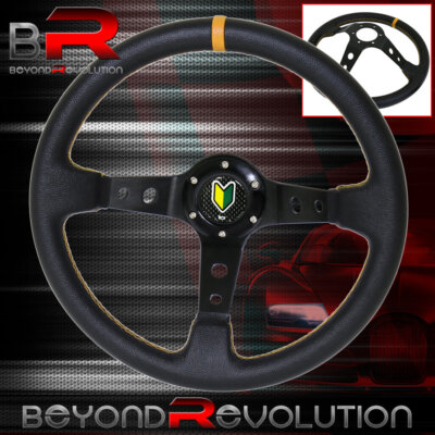 Universal 350mm Steering Wheel Pvc Leather Deep Black Yellow Wakaba Button
