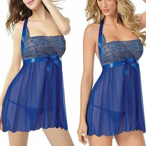 MCT Fine Luxus Neckholder Minikleid + G-String Negligee Nightwear BLAU in S-XL - Picture 13 of 14