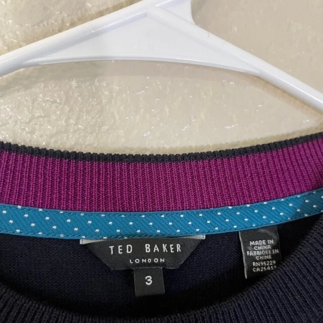 Suéter Ted Baker Para Hombres 3 Mediano Negro Rayas Lana Pullover Ligero Cuello Redondo Foto 3 de 4