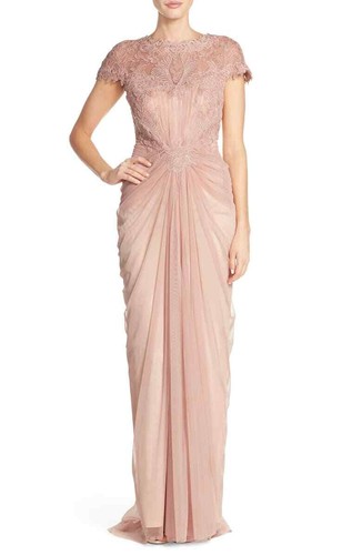 Tadashi Shoji Embroidered Chiffon Dress Gathered Mesh Gown Blush Sz 6 New $695