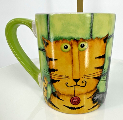Cat Lover Mug Whimsical Cartoon Cats Green Tile Art Coffee Cup Cute Feline Desig