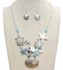 Sealife Shell Starfish Mermaid Pendant Statement Necklace and Earrings Set