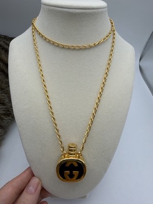 Authentic Gucci Gold Plated GG Logo Perfume Bottle Necklace Pendant Vintage Box