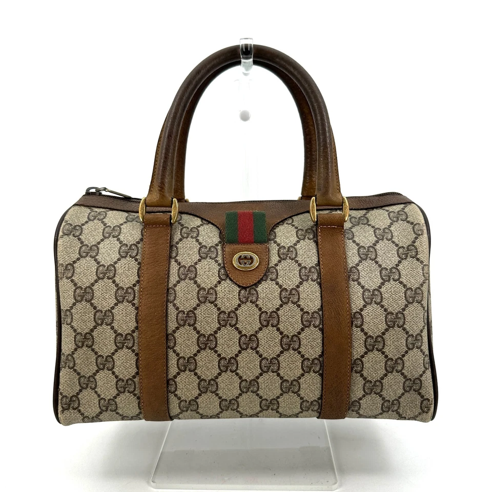 Auténtico bolso vintage GUCCI Sherry Line patrón GG mini Boston cuero PVC marrón Foto 2 de 4