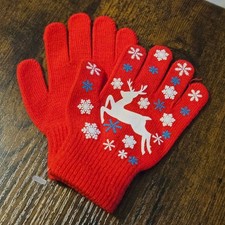 Boutique Bright Red Kids Winter Gloves w/ White Reindeer  Snowflake Design
